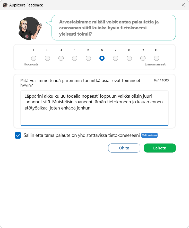 Tietokoneen toimivuuspalautteen näkymä Feedback sovelluksessa