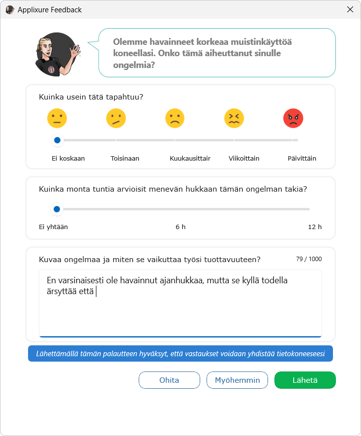 Ongelmakyselyn näkymä Feedback sovelluksessa