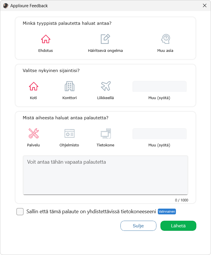 Avoimen palautteen näkymä Feedback sovelluksessa