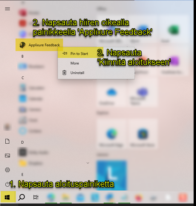 Kiinnitä Feedback Client käynnistä-valikkoon