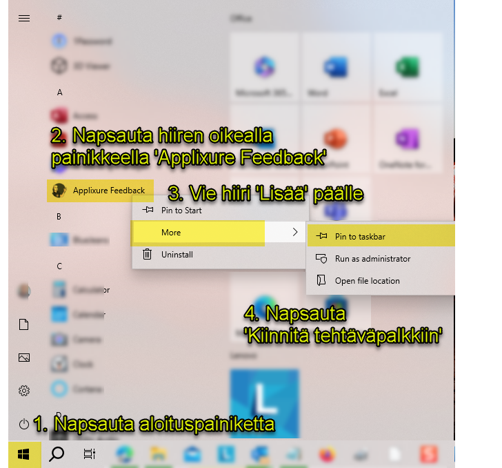 Kiinnitä Feedback Client tehtäväpalkkiin