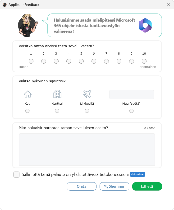 Ohjelmistokyselyn näkymä Feedback sovelluksessa