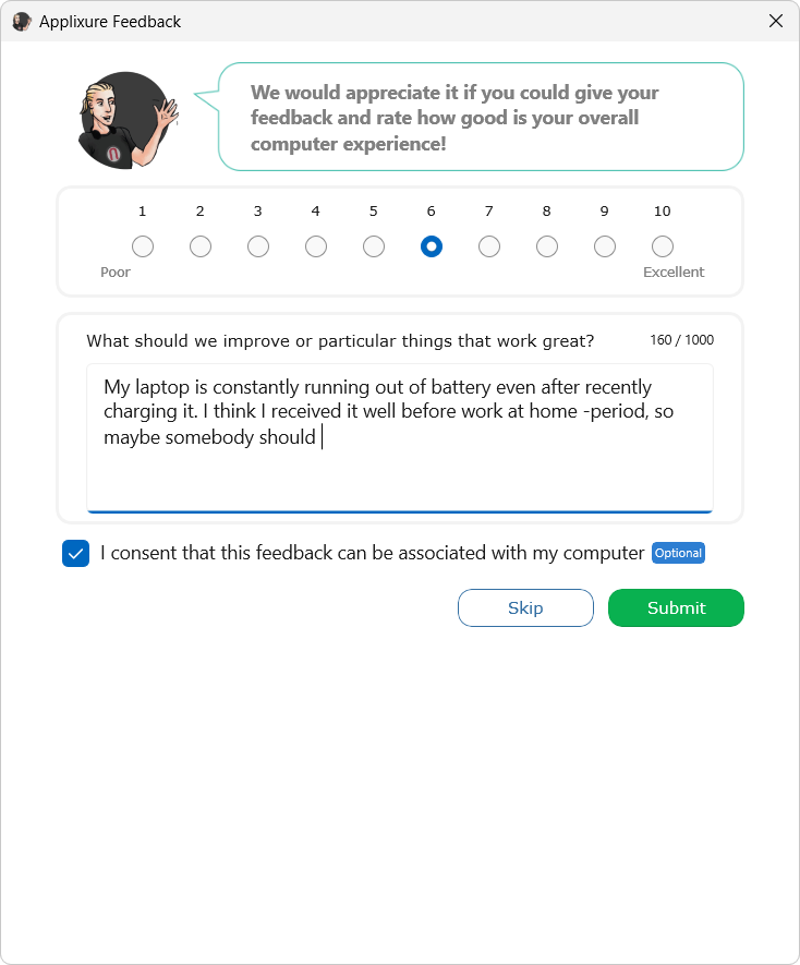 Send computer experience rating screen in Client