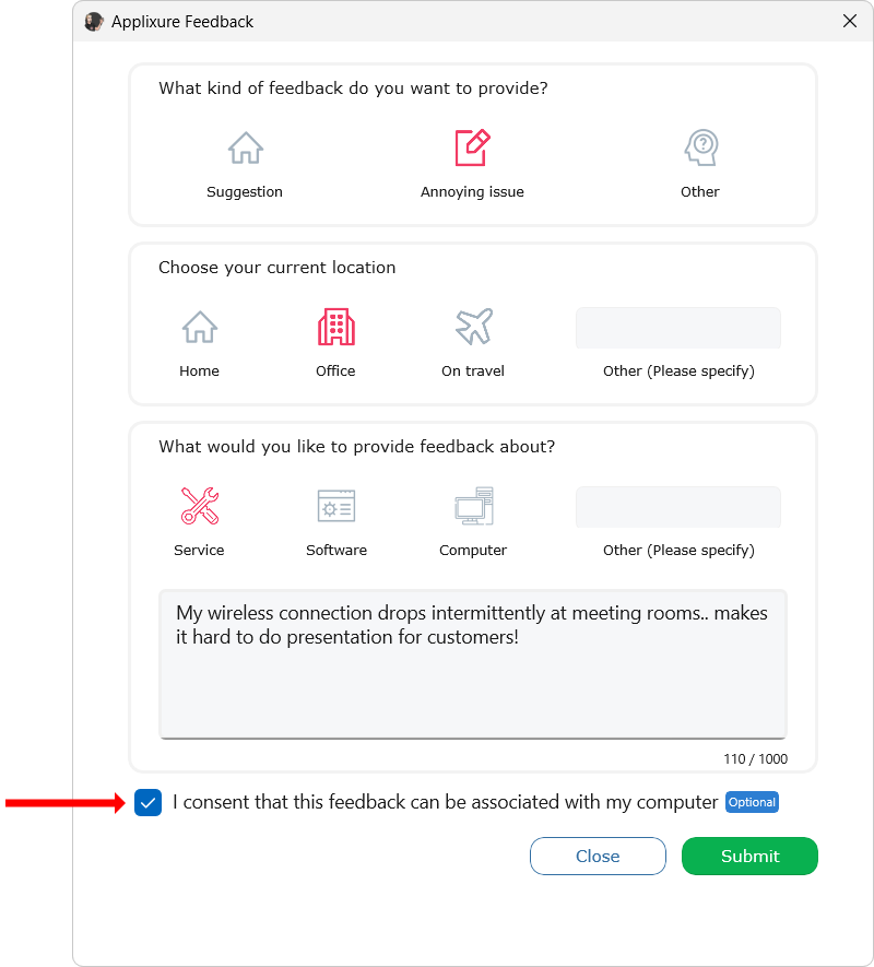 Selectable consent on submit