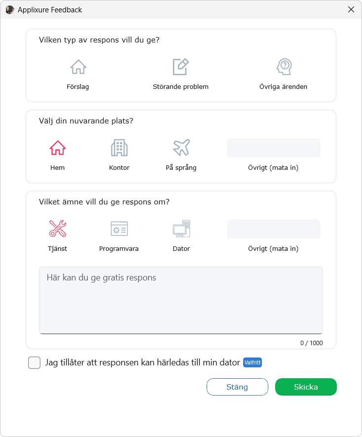Hur vyn för fritt formulerad respons ser ut i Feedback-programmet