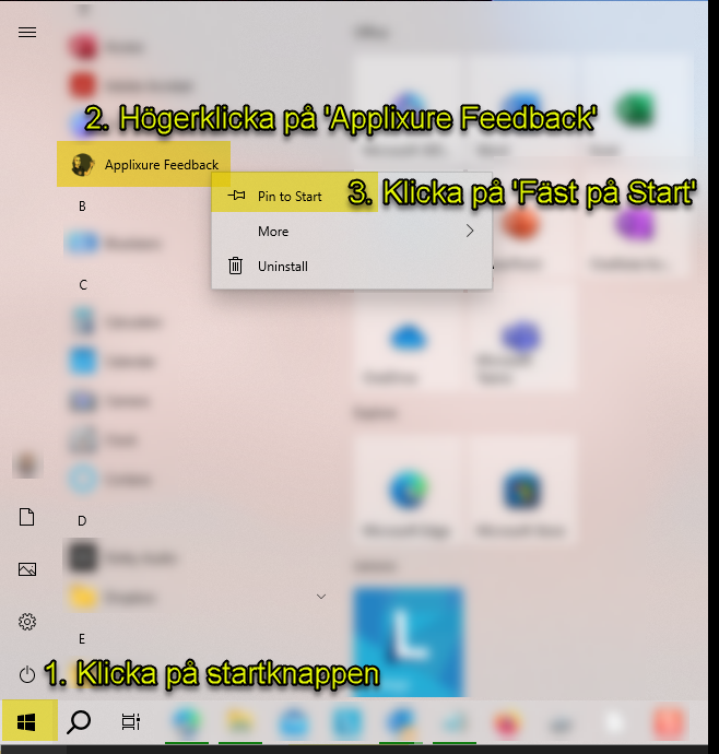 Fäst Feedback Client i startmenyn